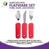 3 Piece Super Easy Grip Red Flatware Set - Bendable Built Up Large Fork, Knife, and Spoon