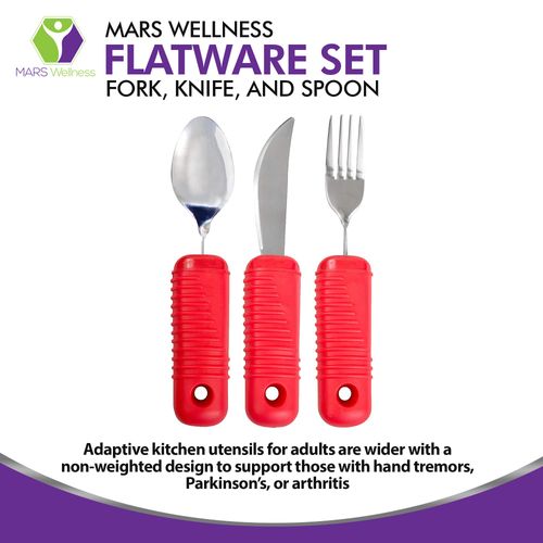 3 Piece Super Easy Grip Red Flatware Set - Bendable Built Up Large Fork, Knife, and Spoon