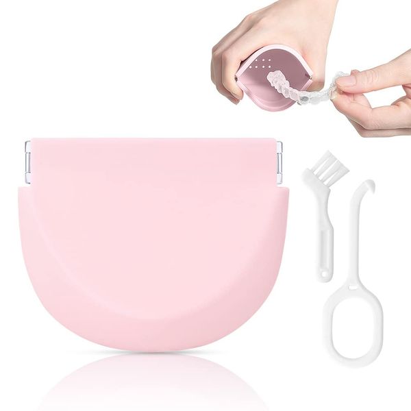 Retainer Case with Vent Holes,Food Grade Silicone Retainer Cleaner Case,portable denture case mouth guard case,Complete with Removal Tools and Cleaning Brush (Pink)