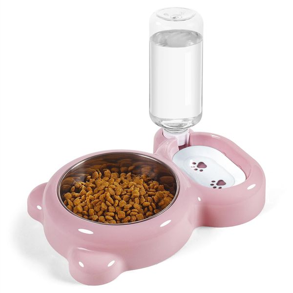 Azwraith Dog Bowls, Cat Food and Water Bowl Set with Water Dispenser and Stainless Steel Bowl for Cats and Small Dogs - Pink