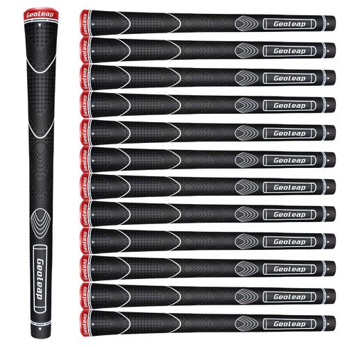Geoleap Glory-T Rubber Golf Grips, Set of 13, Standard/Medium, 6 Color Options, Thumb Pattern, Soft Feel, Anti-Slip, Comfortable Hybrid Golf Club Grip (Mid, Black)