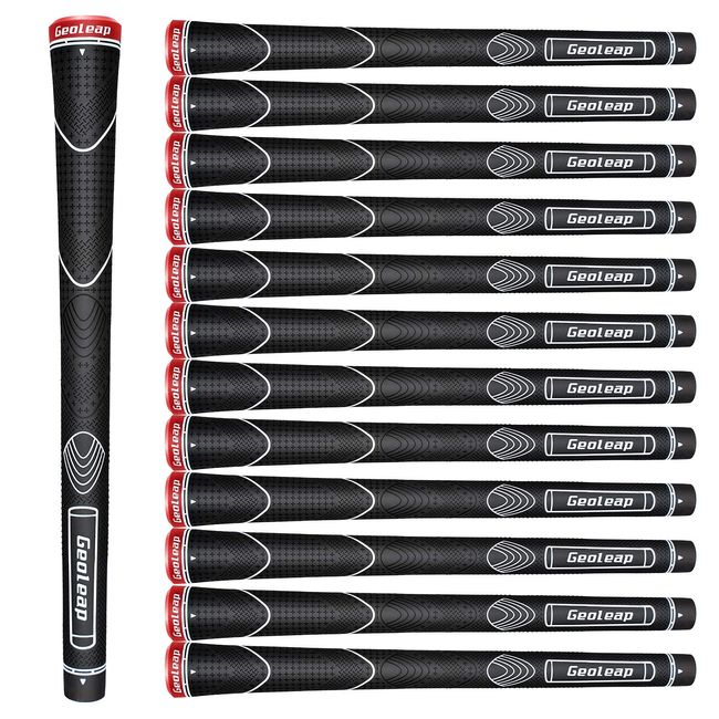 Geoleap Glory-T Rubber Golf Grips, Set of 13, Standard/Medium, 6 Color Options, Thumb Pattern, Soft Feel, Anti-Slip, Comfortable Hybrid Golf Club Grip (Mid, Black)