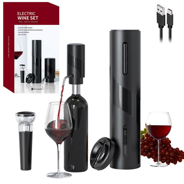 COKUNST Electric Wine Opener Set, USB Rechargeable Bottle Opener and Wine Decanter & Wine Aerator and Pourer, Wine Stopper, Foil Cutter 4-in-1 Gift Set for Wine Lovers Home Kitchen Party Wedding Bar