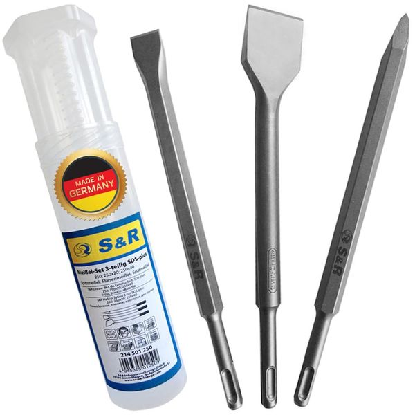 S&R Chisel Set 3-Piece SDS- plus: Spade Chisel, Tile Chisel, Point Chisel; Professional quality Made in Germany
