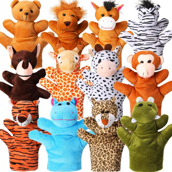 Hungdao 12 Pieces Hand Puppet Zoo Animal Plush Puppets Cute Animal Hand Puppets Plush Pretend Toys Educational Toys with Tiger Lion Bear Leopard Design for Telling Story Teaching Role Play(Cute)