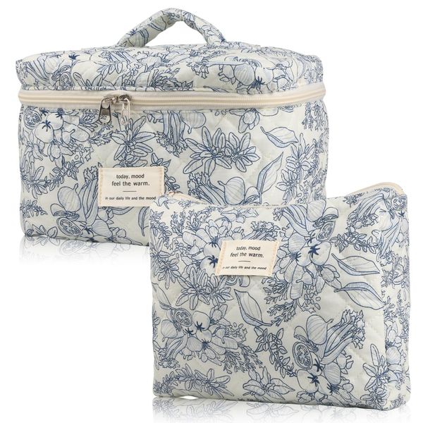 VIWIME Makeup Cosmetic Bag, Large Cotton Quilted Travel Coquette Aesthetic Cute Floral Make up Bag for Women Toiletry Bag Organizer(OldNavy Flower/2Pcs)