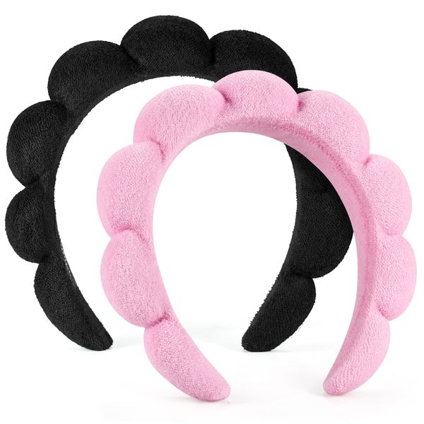 Spa Headbands for Washing Face or Facial, Set of 2 Skincare Headbands, Terry Cloth Headband Combo Pack - Puffy Makeup Headbands for Face Washing, Mask, Skin Treatment (Pink & Black)