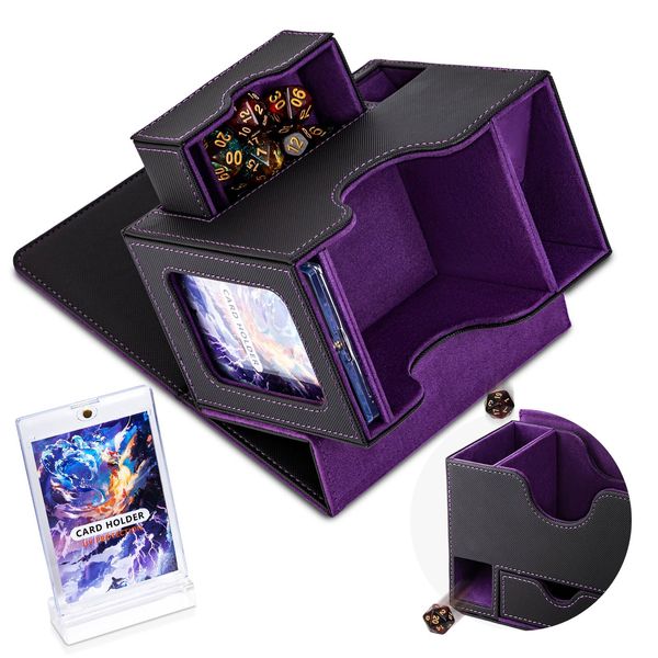 Flooyes MTG Commander Deck Box, Card Storage Box Fits 100 Double-Sleeved Cards, 35pt Card Brick, Dice Tray & Dice Pool, PU Leather Strong Magnet Card Deck Case for Magic Commander TCG CCG, Purple