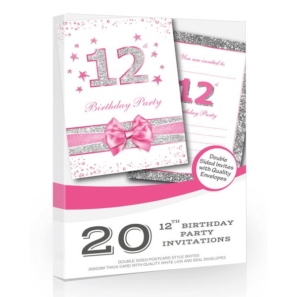 Olivia Samuel 20 x 12th Birthday Party Invitations from Pink Sparkly Design and Photo Effect Silver Glitter - A6 Postcard Size with envelopes