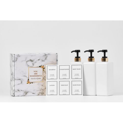 HARRA HOME Modern Gold Design Pump Bottle Set 27 oz Refillable Shampoo and Conditioner Dispenser Empty Shower Plastic Bottles with Pump for Bathroom Lotion Body wash Massage Oils, Pack of 3 (Black)