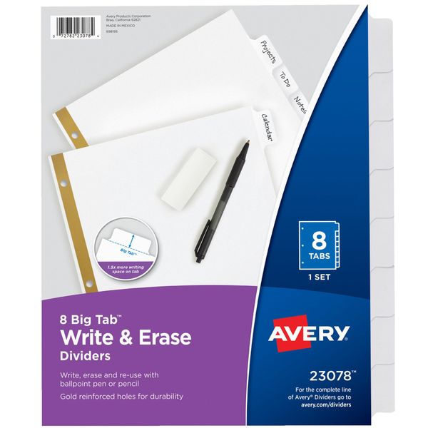 Avery 8-Tab Binder Dividers, Write & Erase White Big Tabs, 1 Set (23078)