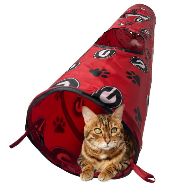 NCAA Georgia Bulldogs Cat Tunnel Tube Toy with Plush Football Catnip and Feathers