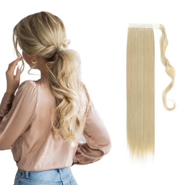 26" Long Straight Wrap Around Ponytail Clip in Hair Extensions One Piece Hairpiece Magic Tape in Pony Tail Extension for Women Ash Blonde mix Bleach Blonde