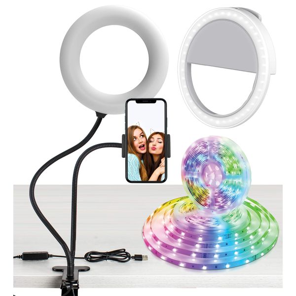 Aduro U-Stream 3-in-1 Ring Light Studio Kit Bundle, Set Includes LED Ring Light with Stand, Clip On Phone Selfie Ring Light & 6ft LED Strip Lights