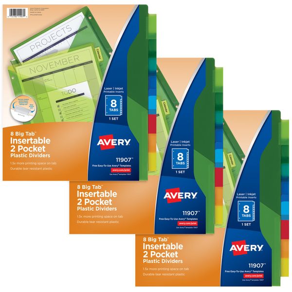 Avery Dividers for 3 Ring Binders, 8-Tab Binder Dividers, Two-Pocket Plastic Binder Dividers, Insertable Big Tabs, Multicolor, 3 Sets (71907)