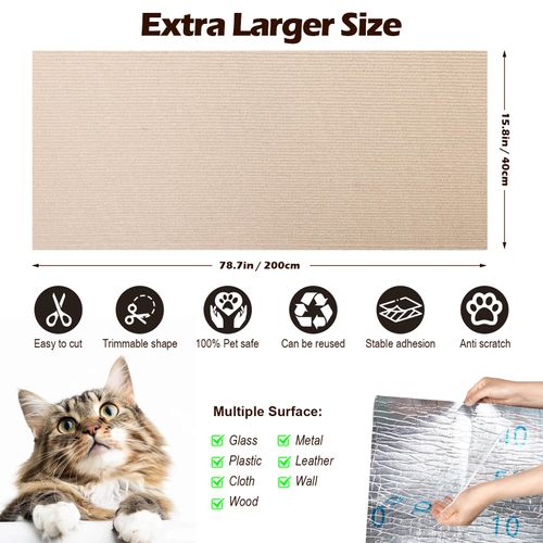 Cat Scratch Mat - 78.74"x15.74" Self-Adhesive Anti Scratching Pad for Couch, Trimmable DIY Cat Sofa Furniture Wall Cat Tower Protector, Replacement Pads for Pet Couch Protector from Claws Beige