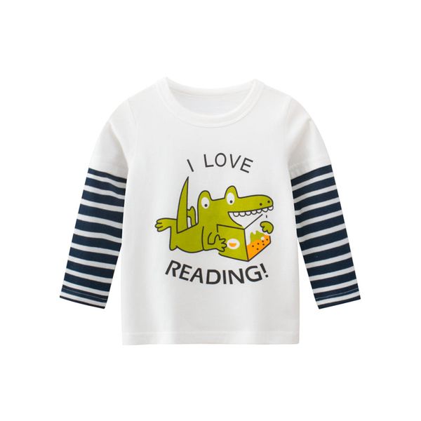 Boys I Love Reading With Photo Print Long-Sleeved Round Collar Shirt - 110 (3-5Y) / White