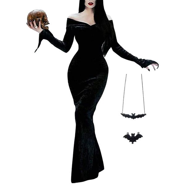 Halloween Addams Costume Dress Adult Women Cosplay Off Shoulder Maxi Long Sleeve Family Party Dresses