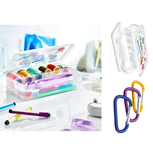 Multi Compartment Hobby Box & PK3 Carabiner Clips -Sewing Box, Screw Box, Jewellery Box, Storage Box, Bits & Bobs (5 + 5 Double Sided)