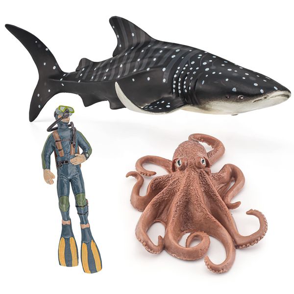 Ocean Sea Marine Animal Figure Toys Playsets 3 PCS Diver Whale Shark Octopus Model Toy Desktop Decoration Collection Party Favors Toys for Boys Girls Kids