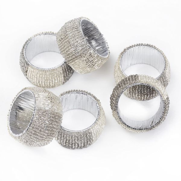 Penguin Home® Set of 6 Handcrafted Glass Beaded Napkin Rings |Silver Colour| Classic Round Napkin Ring Holder Set for Dining Wedding Party Table Settings Decorations |Diameter : 5cm| Height : 3cm|