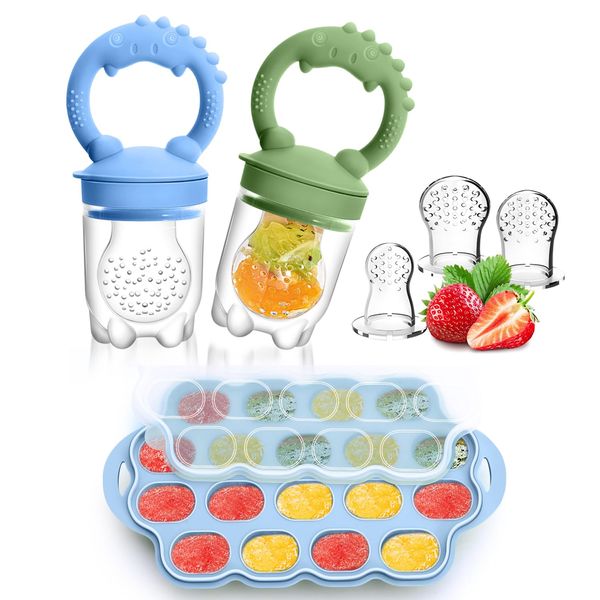 Silicone Baby Fruit Feeder & Breastmilk Popsicle Molds Freezer Tray with Lid, 2 Pack Baby Food Feeder to Teething Relief, Introduce New Foods, Self Feeding, Includes 6 Food Pacifiers (Blue+Green)