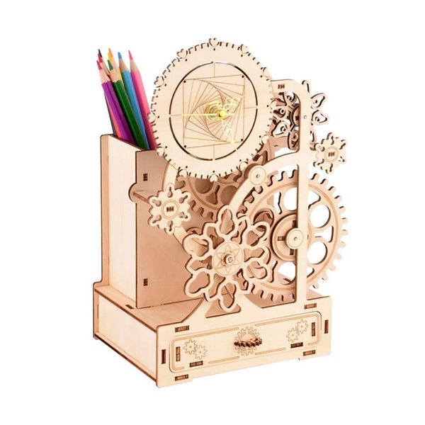 3D 3D Puzzle Wooden Puzzle Model Children Desk Clock Kit Music Box Handmade Lucky Flower Pencil Bottle