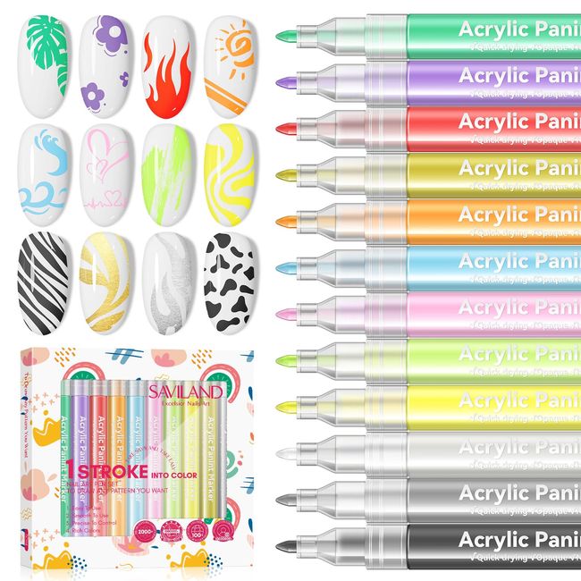 Saviland 12Pcs Nail Art Pens Set, Nail Art Tools for 3D Painted and Graffiti Dotting, Nail Polish Pens for Draw Point Lines Nails Art Design, Manicure Tools for Holiday Party DIY