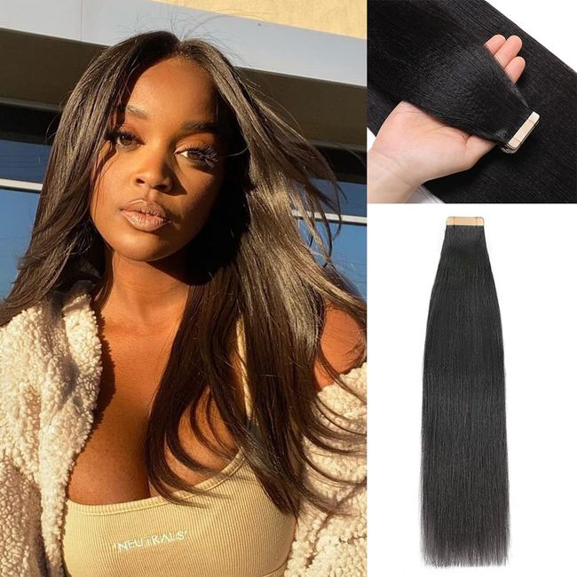 YDDM 16Inch Yaki Straight Tape in Hair Extensions Tape in Hair Extensions Human Hair for Black Women Tape in Hair Extensions Human Hair Yaki Straight Tape in Extensions 40Pcs 80g