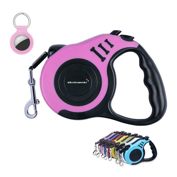 Retractable Dog Leash + Holder for Apple Airtag, 10 Feet Long Suitable for Small Medium Dogs up to 22lbs, Pink