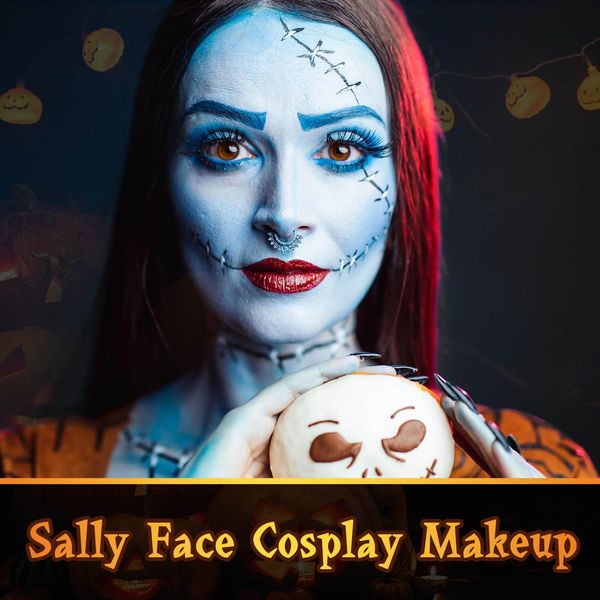 MEICOLY Sally Makeup Kit,Professional Sally Costume Corpse Bride Makeup,Light Blue Face Paint and Setting Powder Halloween Makeup Kit,Sally Face Cosplay,Liquid Eyeliner+False Eyelash+Lipstick+Sponges