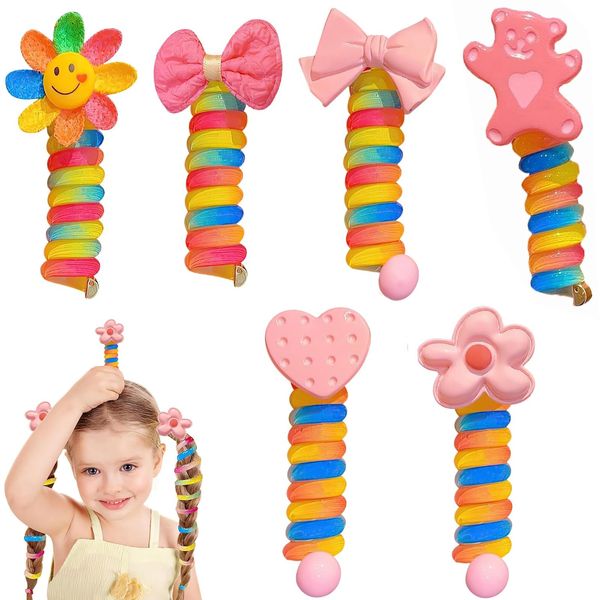 6 Stück Bunte Telefondraht Haarbänder Für Kinder, Colorful Telephone Wire Hair Bands, Bowknot Hair Ring Head Rope, Spiral Haargummis, Telefonkabel-Pferdeschwanz-Zöpfe für Frauen und Mädchen