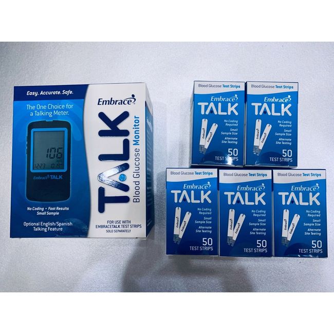 Embrace TALK Blood Glucose Test Strips 250 Qty plus Free Meter.  EXP 05/05/2025