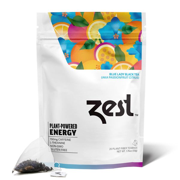 Zest 150mg High Caffeine Energy Leaf Blend - Blue Lady Black Tea - 20 Pack Bag - Hot or Iced - All Natural Strong Flavored Healthy Coffee Alternative Highly Caffeinated Substitute - Perfect for Keto