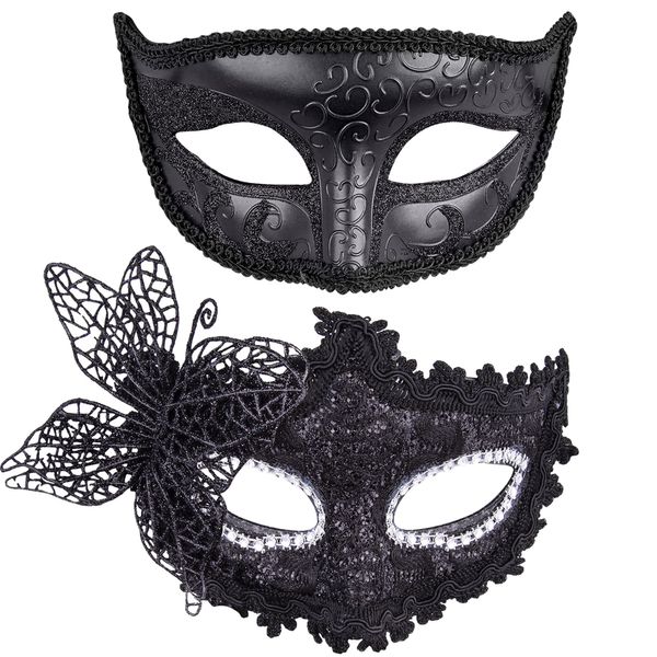 SIQUK Couple Masquerade Masks Lace Venetian Party Mask Plastic Halloween Costume Mask Rhinestone Mardi Gras Mask for Couples Women and Men, Black