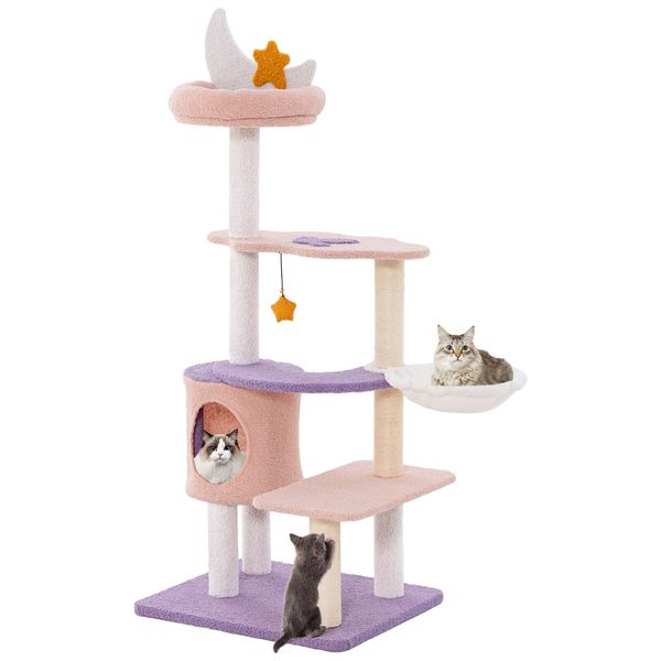 Teddy Fleece Cat Tree Cat Tower w/Wide Base, Hanging Ball Toy, Rotatable Hammock