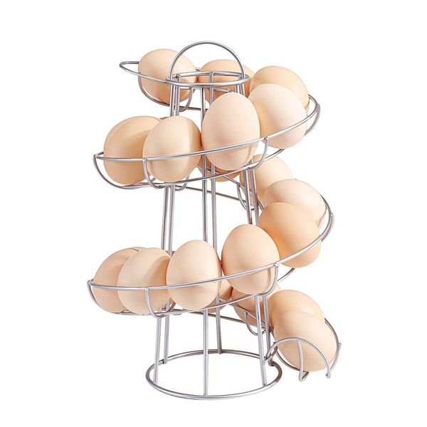 Flexzion Egg Skelter Modern Spiral Egg Holder Countertop (Medium Egg Display) - Freestanding Wired Countertop Egg Holder for Fresh Eggs, Dispenser Stand, Storage Rack for Kitchen, Silver