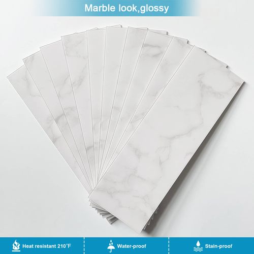 BeNice Peel and Stick Backsplash for Kitchen Walls Tile Stickers Waterproof Marble Tile 3.85"x11.73"(16Tiles) Carrara White