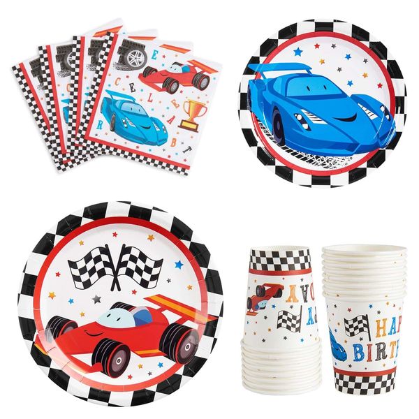 WERNNSAI Racing Car Party Supplies for Boys - Serves 16 Guests Disposable Party Tableware Kit Includes Paper Luncheon Dinner Dessert Cake Plates Napkins Cups Birthday Party Dinnerware