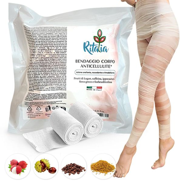 Ritalia® CELLULITE WICKEL BANDAGEN mit Wirkstoffen 100% VEGAN - 2 EXTRA LANGE DRAINIERENDE BEINBANDAGEN für Beine, Po, Bauch und Hüfte (Bandagen)