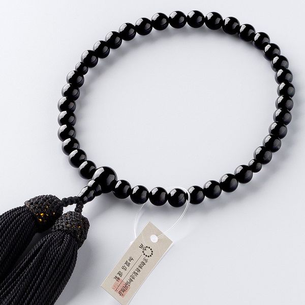 [Butsudanya Takita Shoten] Kyoto Prayer Beads for Women, Black Onyx, 0.3 inch (7 mm) Ball, Pure Silk Head, Rosary Bag Included, Women's Monogram Beads That Can Be Used in All Sects, Certificate Included