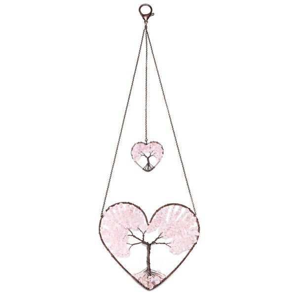 Jovivi Rose Quartz Heart Tree of Life Dream Catcher Hanging Ornament Bohemian Pink Double Hearts Tree of Life Crystal Window Car Wall Art Hanging Decorations for Home Bedroom Decor