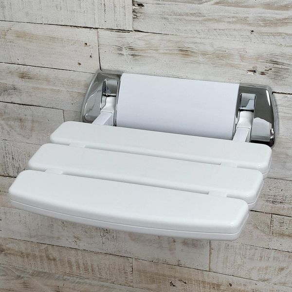 EcoSpa Elegance Bathroom Mobility Aid • Wall Mounted Folding Shower Seat Stool in White/Chrome Trim • Max. 160kgs/25st