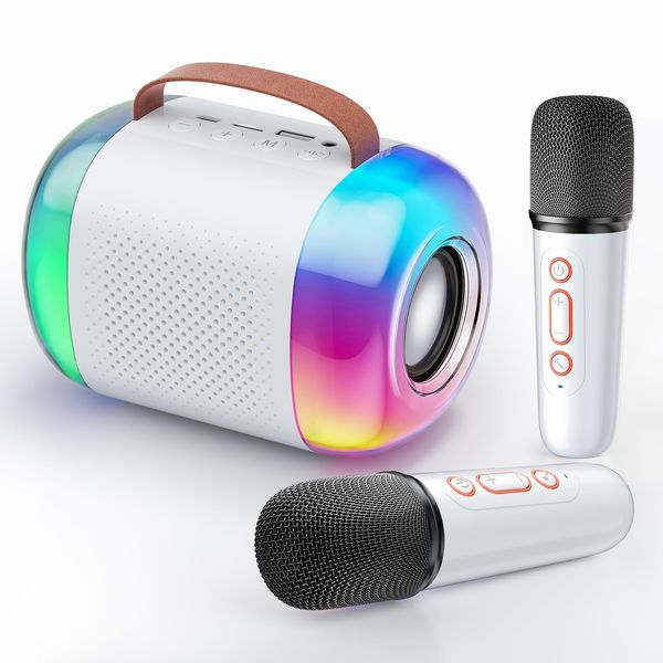 FOJELD Mini Karaoke Machine for Kids - Portable Bluetooth Speaker with 2 Wireless Microphones, Gift for Girls Toys 4, 5, 6, 7, 8, 10, 12+ Years Old Birthday Family Home Party(Y5-White - 2 Mic)