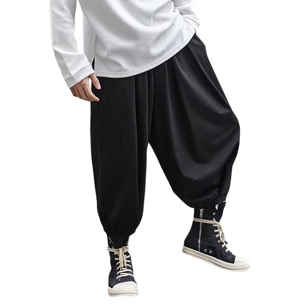 Ween Charm Sarouel Pants, Deformation, Aladdin Pants, Men’s, Roll Drape, Wide Pants, Jogger Pants, Loose, Unisex, Fashionable, Hakama Pants, Elastic Waist, Relaxed Pants, Hip Hop, Pants, Black, All Seasons -