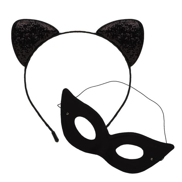 ACO-UINT Cat Ears Headband and Cat Mask Set, Black Cat Hairband Cat Mask Costume Cat Birthday Party Decoration, Party Favors Halloween Mask for Adult