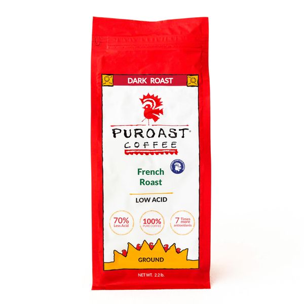 Puroast Low Acid Coffee | Ground Coffee | French Roast | Dark Roast | Certified Low Acid Coffee | pH 5.5+ | Gut Health | 2.2 LB | Higher Antioxidant | Smooth for Espresso, Cold Brew & Iced Coffee