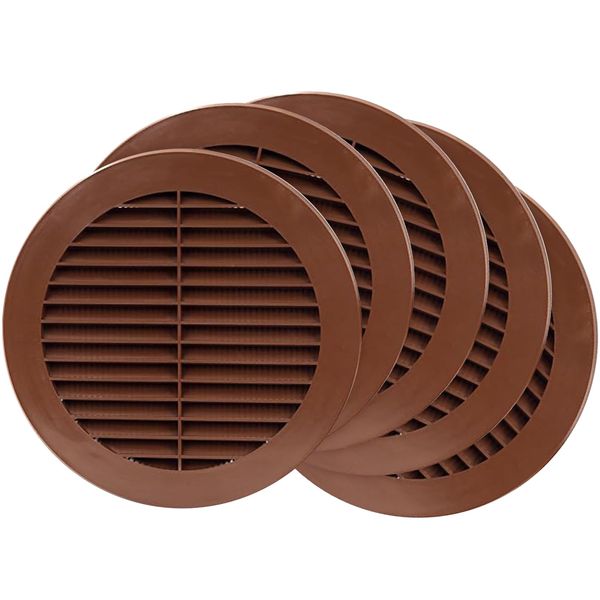 5 Pack - 6'' Inch / 150 mm Plastic Vent Cover Brown - Round Soffit Vent - Exhaust Ventilation Louver - Air Inlet Grille Cover - Built-in Screen Mesh - HVAC Ventilation