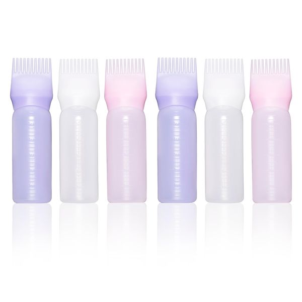 Kiperline 6 Stück Applikator Flasche Haare, 120ml Haaröl Flasche, Hair Oil Applicator Bottle, Wurzelkamm Applikator Flasche, Haarfärbeflaschen Haarfärbepinsel Flasche (Weiß, Lila, Rosa)