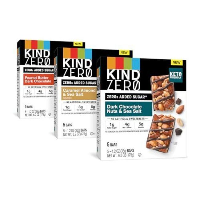 KIND ZERO Added Sugar Bars Keto Friendly Snacks Variety Pack 6.2oz Box 15 Bars